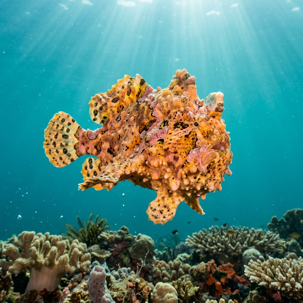 Warty Anglerfish (Antennarius maculatus) swimming in its natural underwater habitat