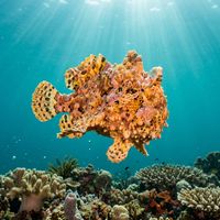 Warty Anglerfish with mottled white and orange skin, fleshy warts, and a lure above its mouth resting on a coral reef.