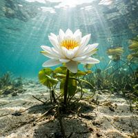 Water lilies with broad green floating leaves and white or yellow cup-shaped flowers resting on the surface of a calm freshwater lake.