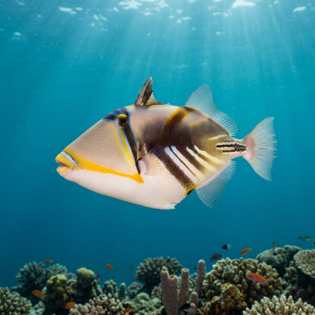Wedgetail Triggerfish (Rhinecanthus rectangulus) swimming in its natural underwater habitat