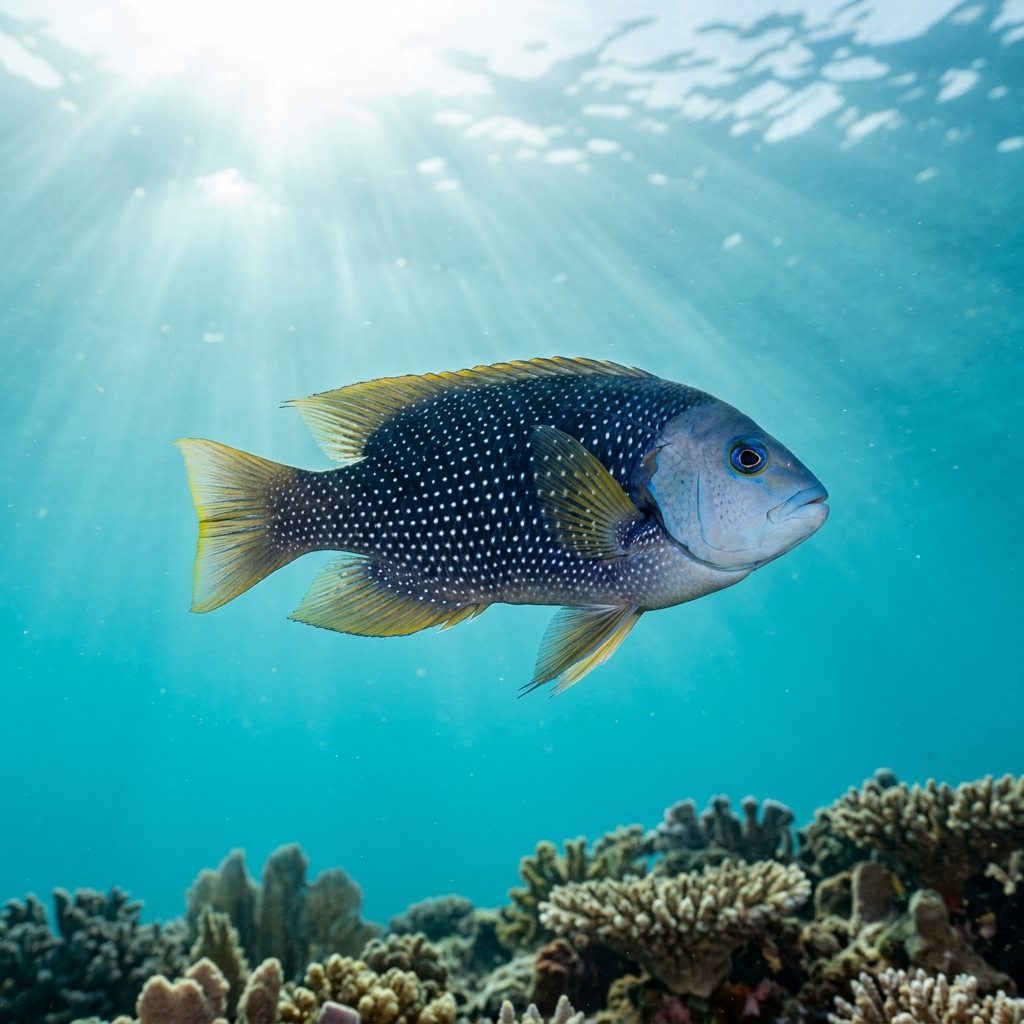 Western Blue Devil (Paraplesiops meleagris) swimming in its natural underwater habitat