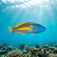 Western King Wrasse male with vivid green, pink, orange, and blue patterning swimming over a rocky reef.