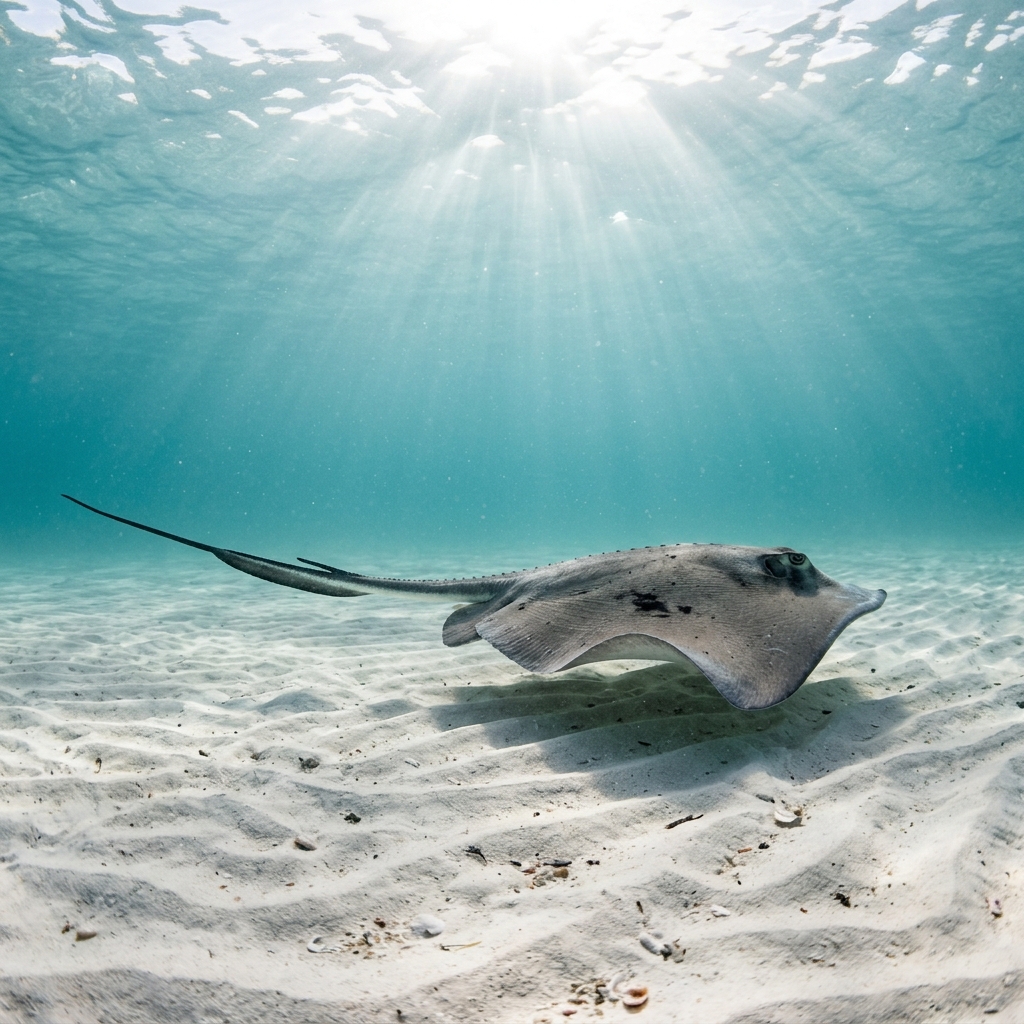 Whiptail stingray with a flat diamond-shaped disc and long whip-like tail resting on a sandy seafloor in blue tropical water.
