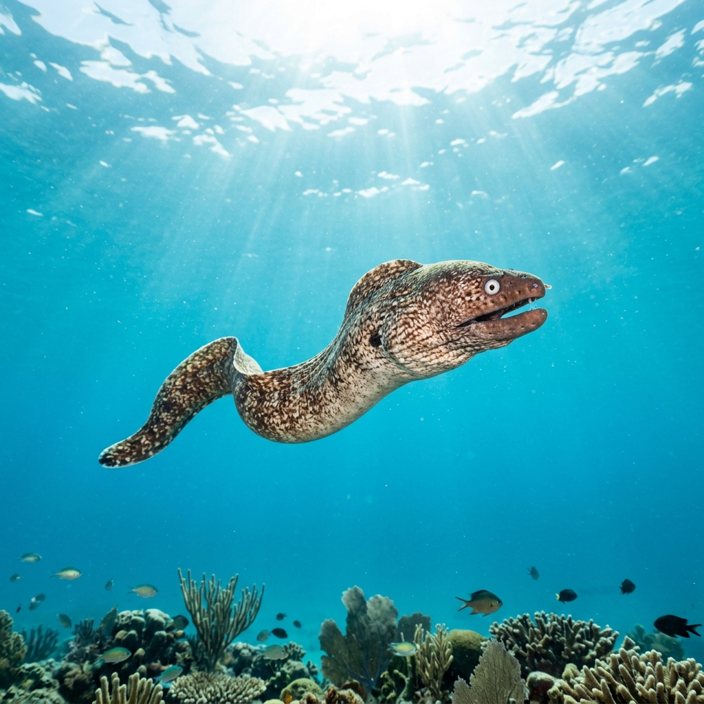 White Eyed Moray (Gymnothorax thyrsoideus) swimming in its natural underwater habitat