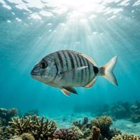 White Seabream showing silver body with dark vertical bars and forked tail, swimming close to a rocky Mediterranean reef.