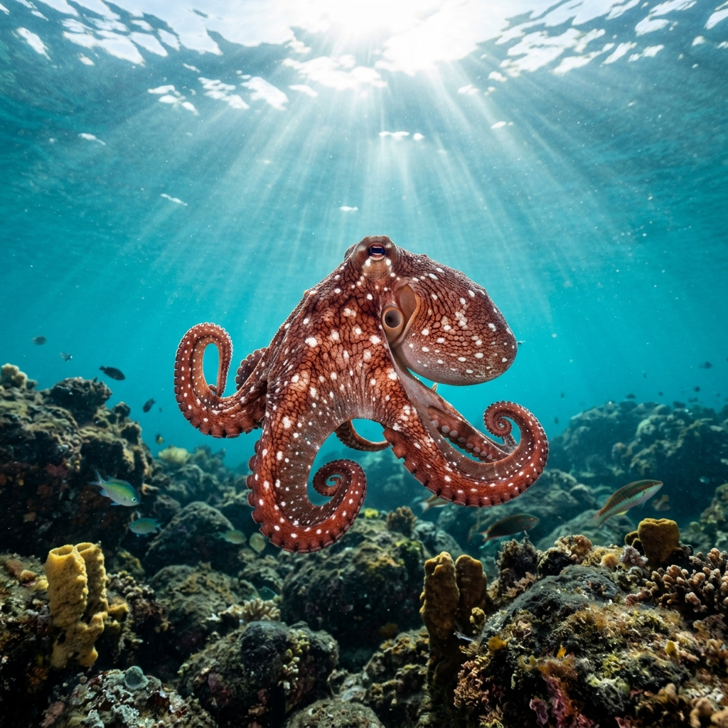 White-spotted octopus with pale body covered in bright white spots, arms extended over a rocky reef.