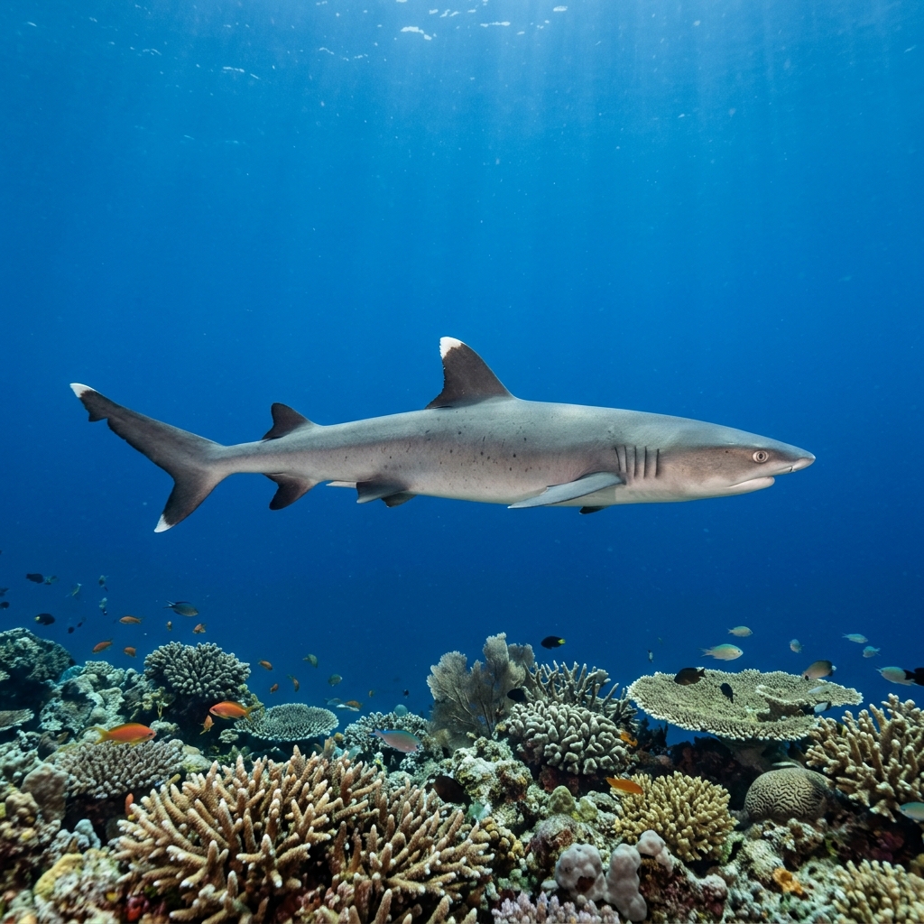 Whitetip Reef Shark (Triaenodon obesus) cruising through the ocean