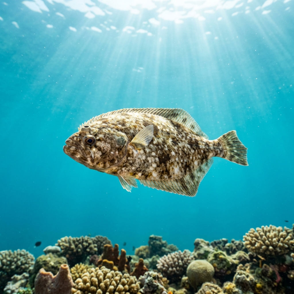 Wide Eyed Flounder (Bothus podas) swimming in its natural underwater habitat