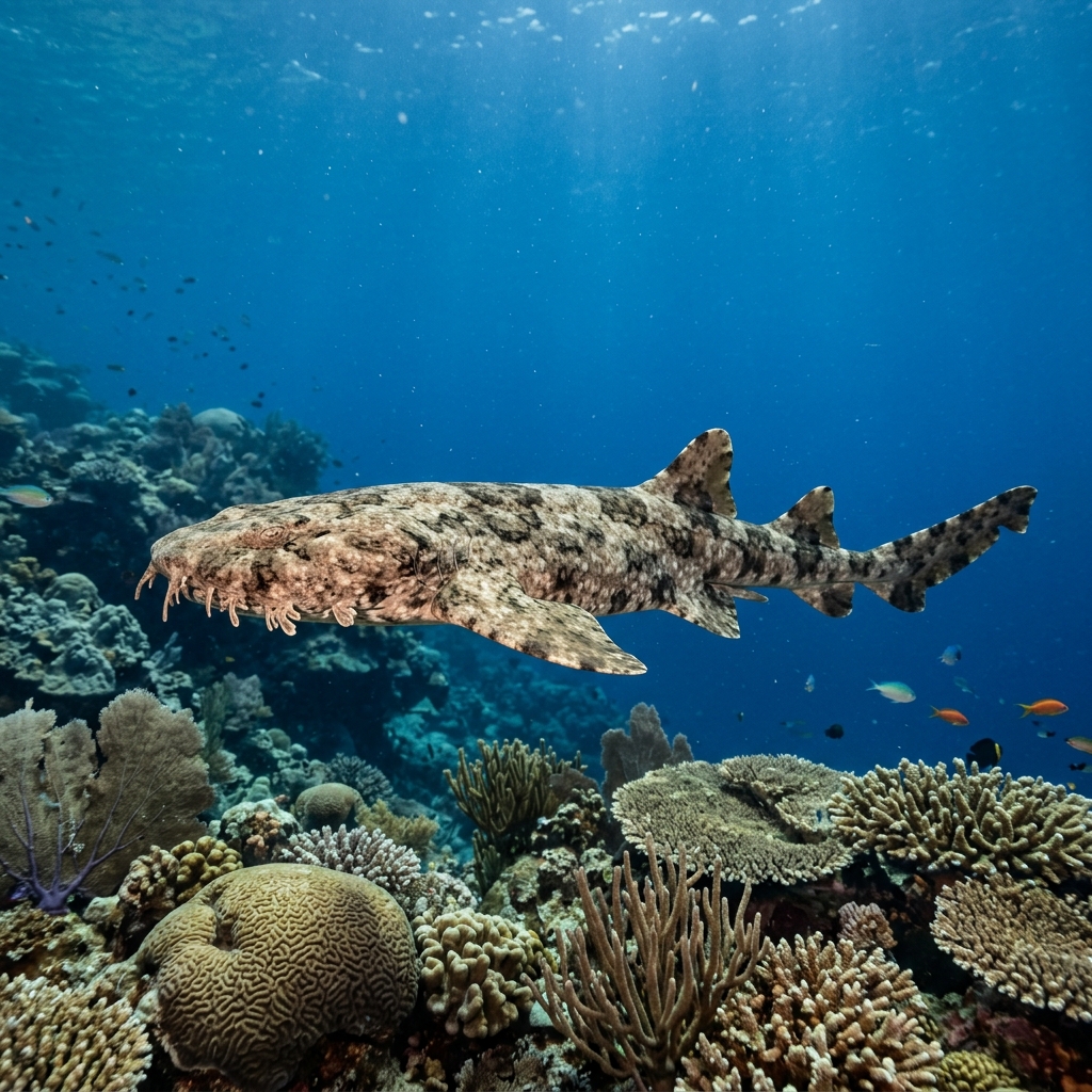 Wobbegong (Orectolobus spp.) cruising through the ocean