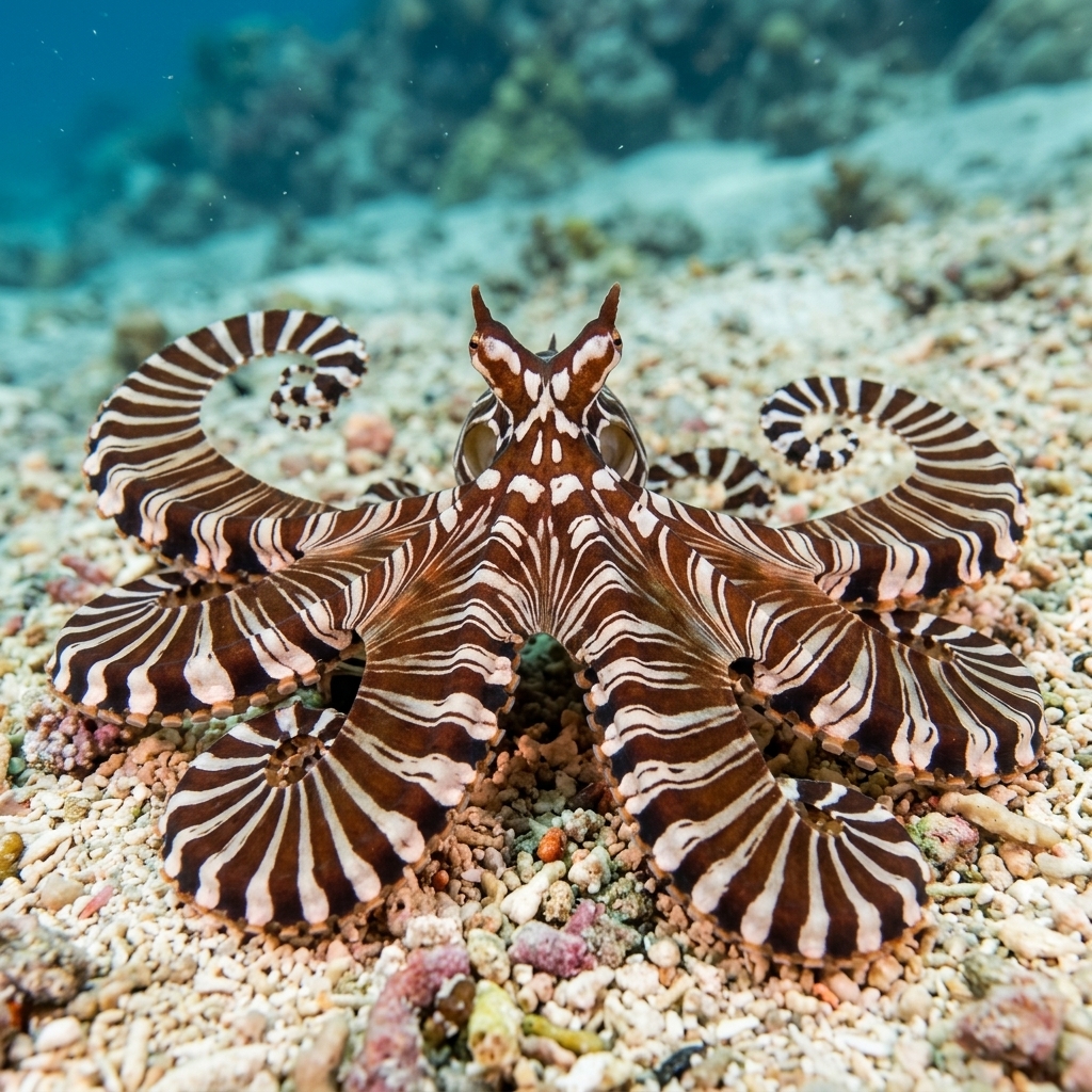 Wunderpus octopus with bold white spots and stripes on a reddish-brown body crawling across dark sandy seafloor.