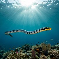 Sea krait with bold black and white banding and a yellow snout swimming along a shallow coral reef.