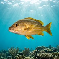 Yellow Snapper with bright yellow body, silvery-white belly, and yellow-tipped fins swimming near a rocky reef.