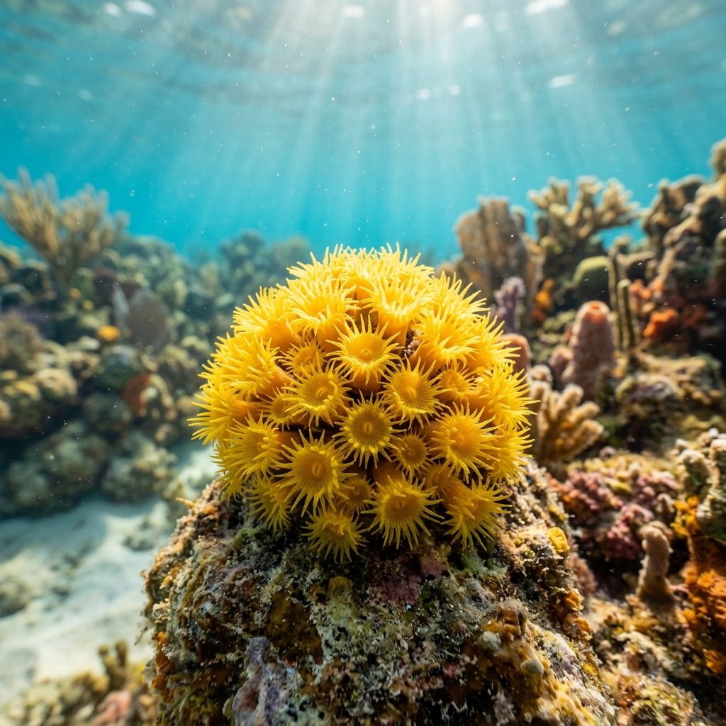 Yellow Zoanthid (Parazoanthus axinellae) growing on a reef