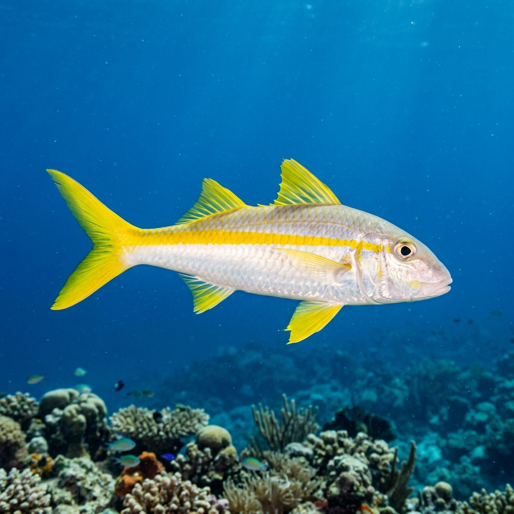 Yellowfin Goatfish (Mulloidichthys vanicolensis) swimming in its natural underwater habitat