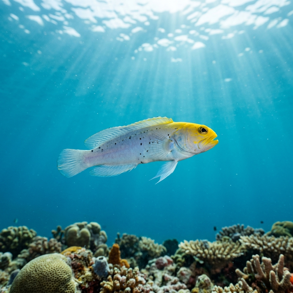 Yellowhead jawfish hovering vertically above its burrow in sandy substrate, showing its bright yellow head and pale blue body.