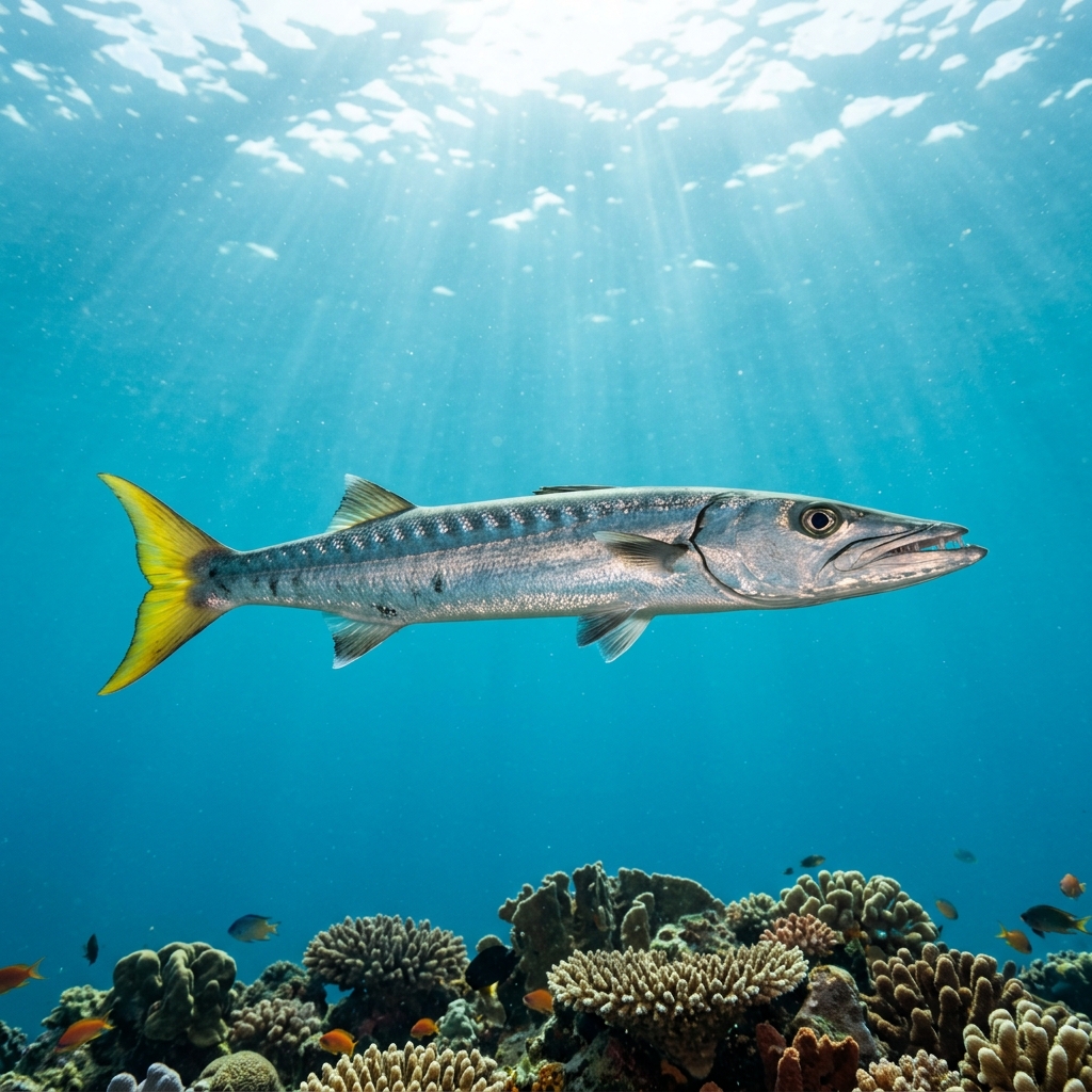 Yellowtail Barracuda (Sphyraenidae spp.) swimming in its natural underwater habitat