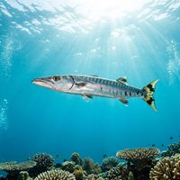 Yellowtail Barracuda with silvery body and bright yellow tail fin swimming in open blue water above a reef.