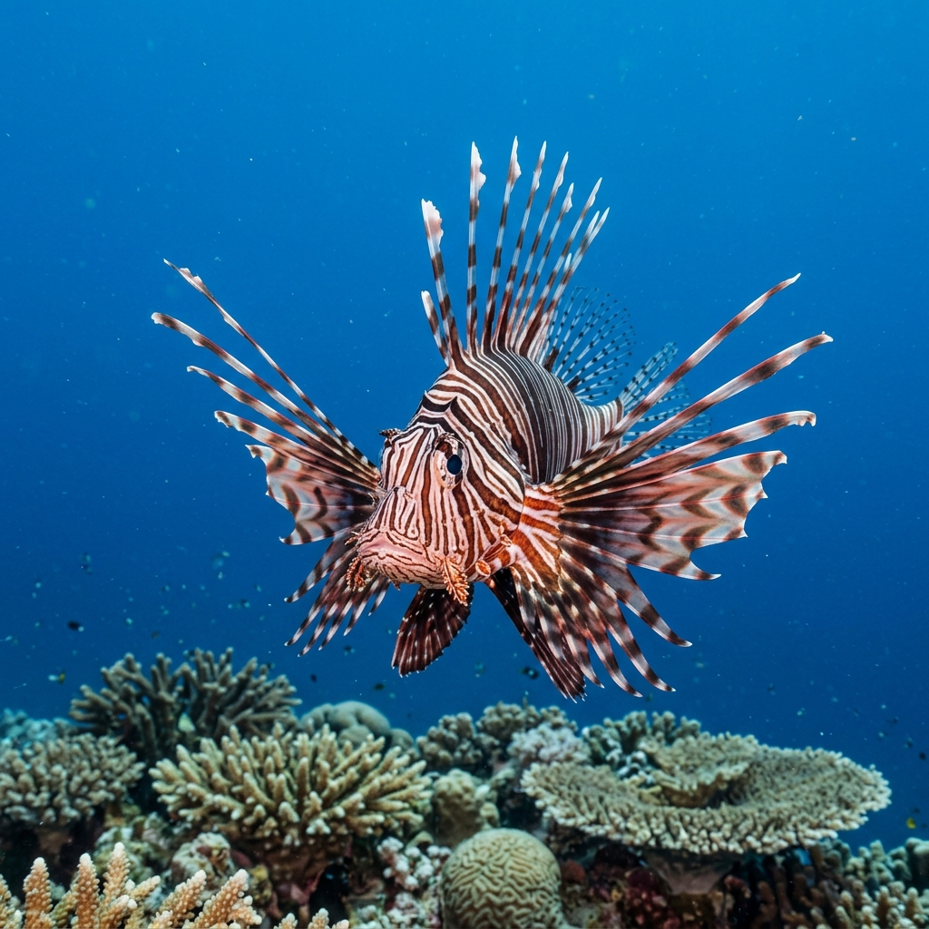 Zebra Lionfish (Dendrochirus zebra) swimming in its natural underwater habitat