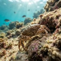 Devil crab with mottled brown and cream polygonal pattern wedged among coral rubble on a reef.